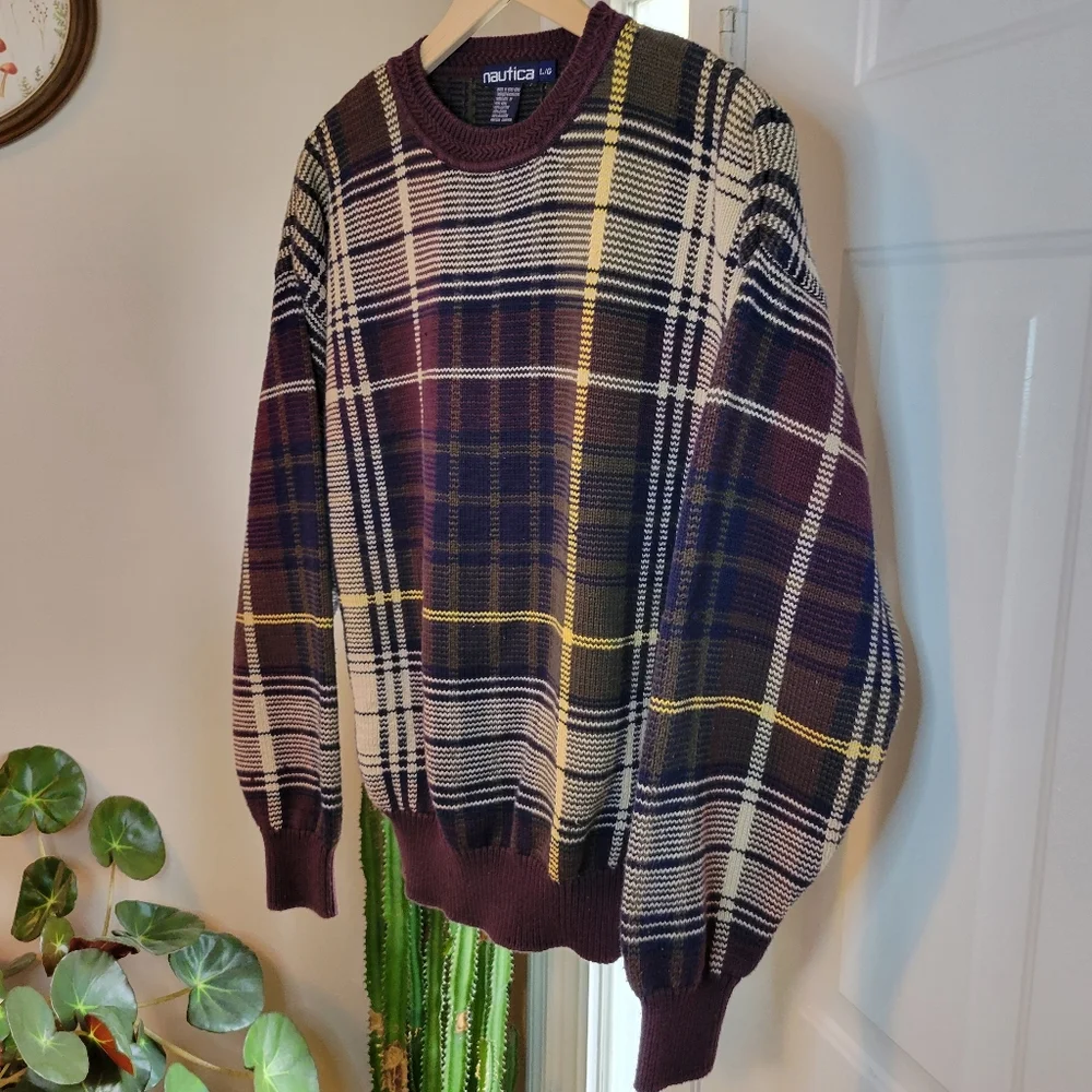 Vintage‎ Nautica Gorgeous Heavyweight 100% Cotton Plaid Sweater, Size Mens Large